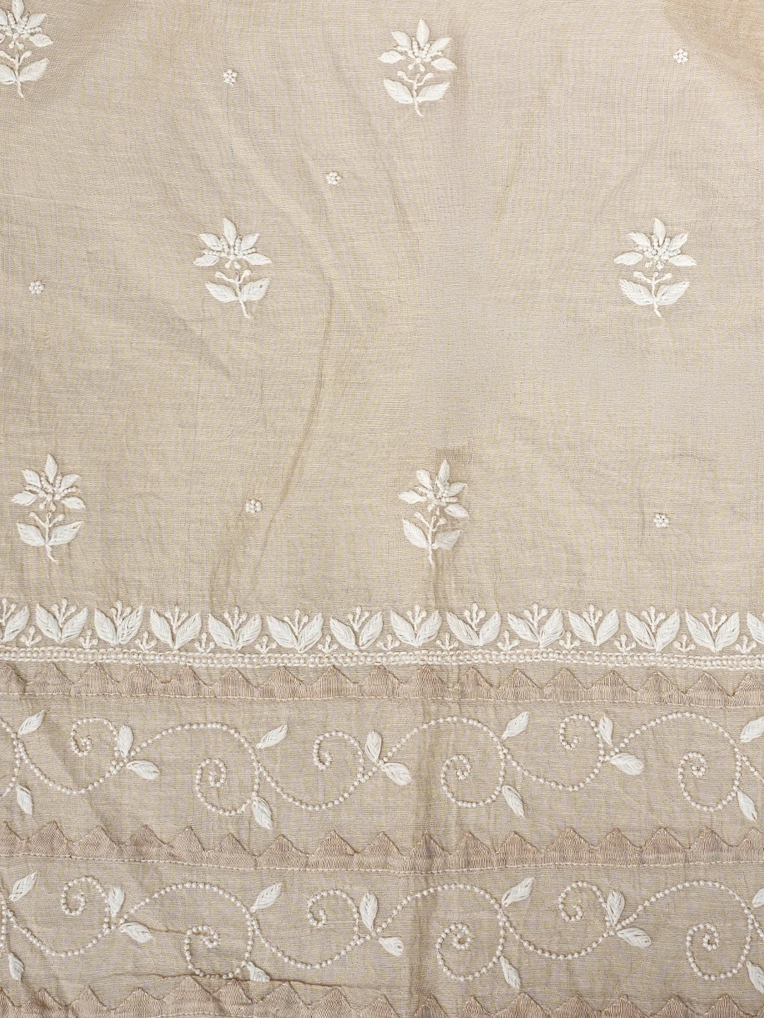 Ada Hand Embroidered Fawn Tissue Lucknowi Chikankari Semi Stitched Kurta Dupatta Set With Pearl Work 01A976382