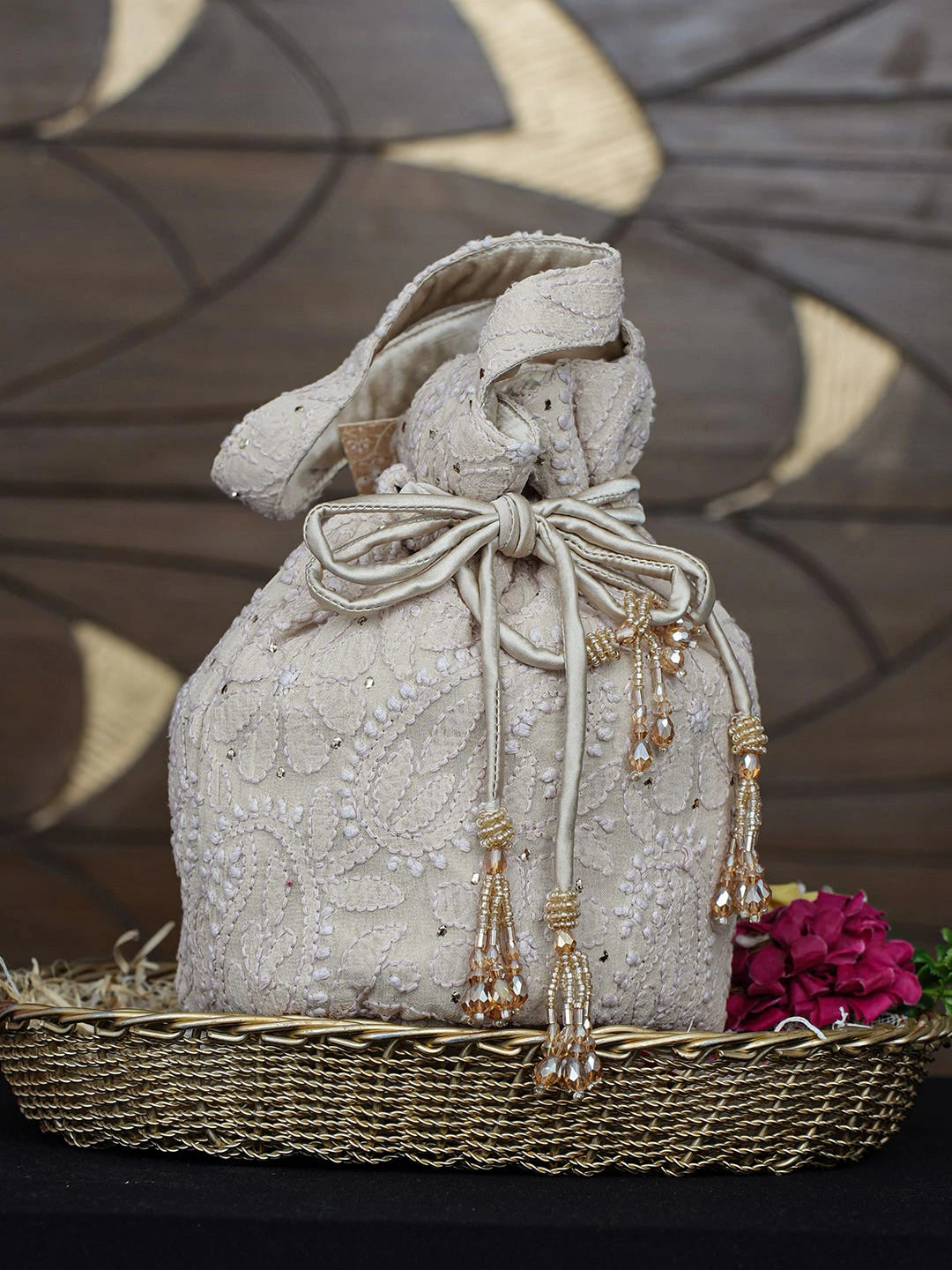 Ada Hand Embroidered Fawn Viscose Georgette Lucknowi Chikankari Potli Bag With Muqaish Work 01A975095