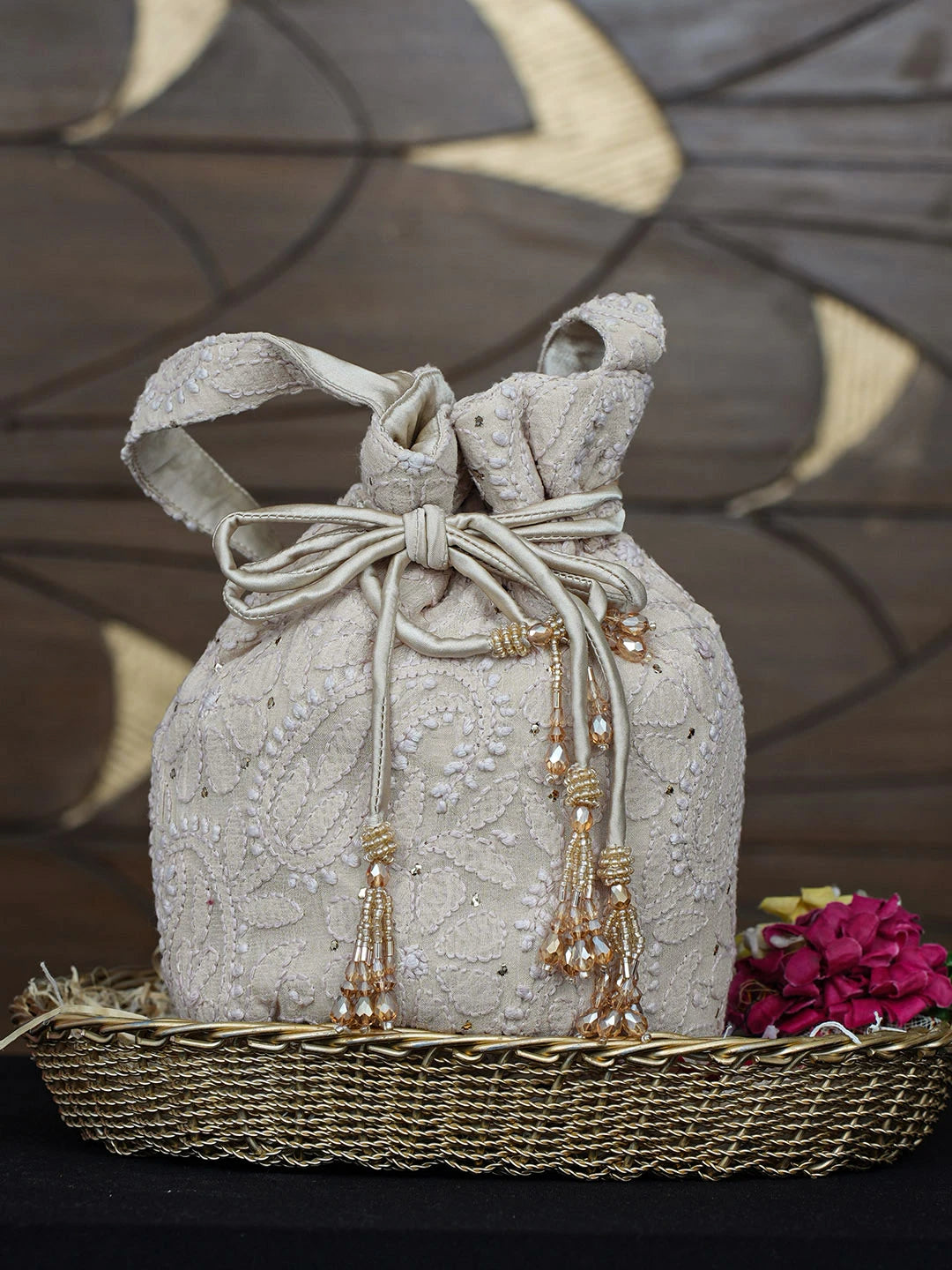 Ada Hand Embroidered Fawn Viscose Georgette Lucknowi Chikankari Potli Bag With Muqaish Work 01A975095