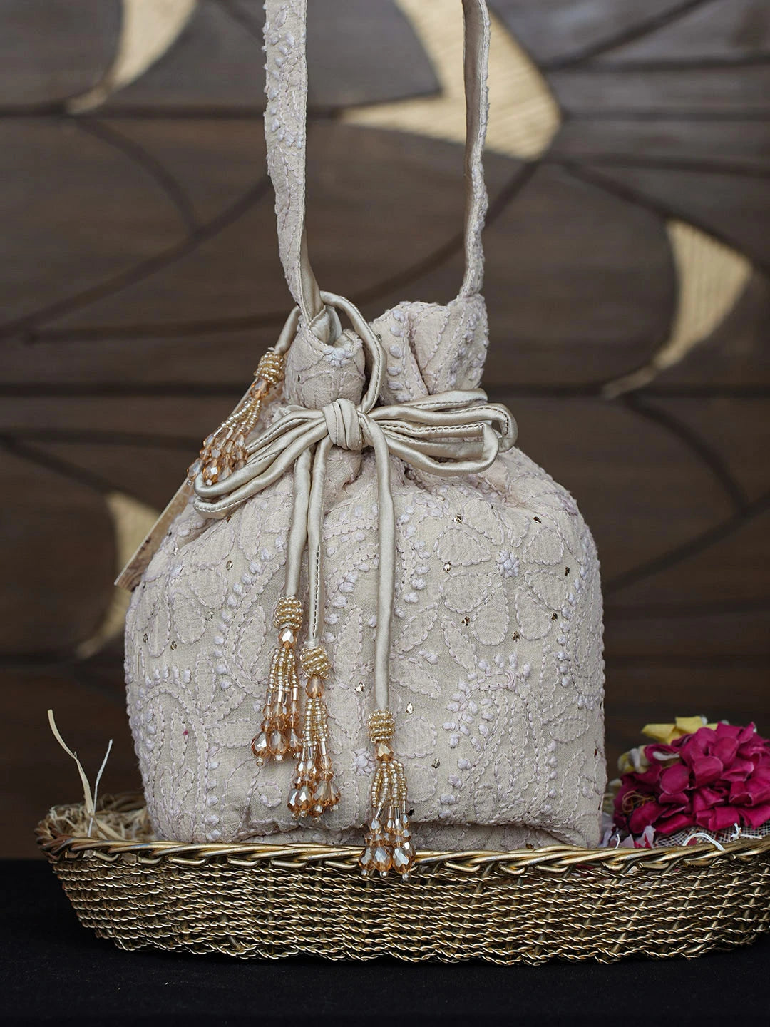 Ada Hand Embroidered Fawn Viscose Georgette Lucknowi Chikankari Potli Bag With Muqaish Work 01A975095