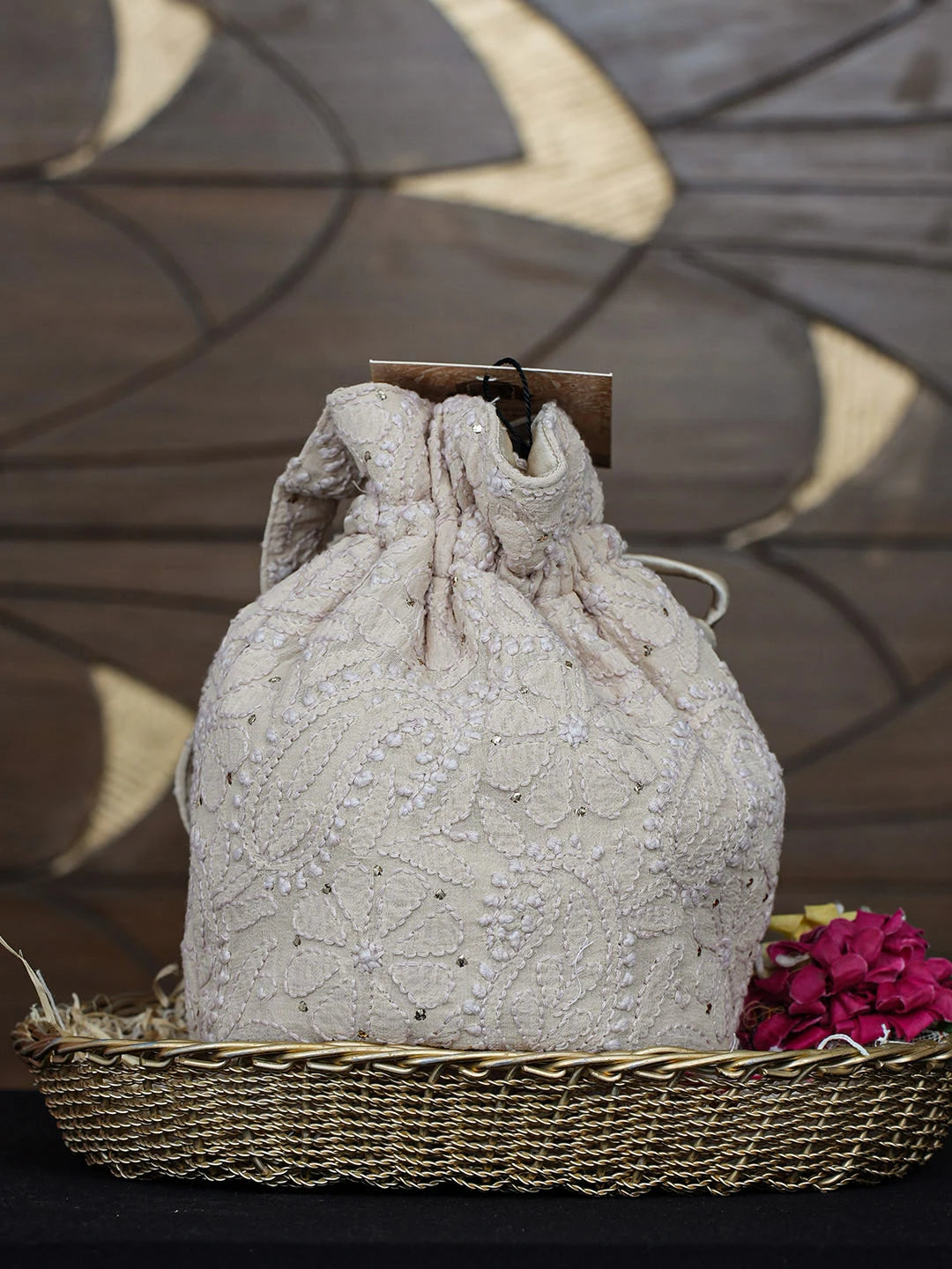 Ada Hand Embroidered Fawn Viscose Georgette Lucknowi Chikankari Potli Bag With Muqaish Work 01A975095
