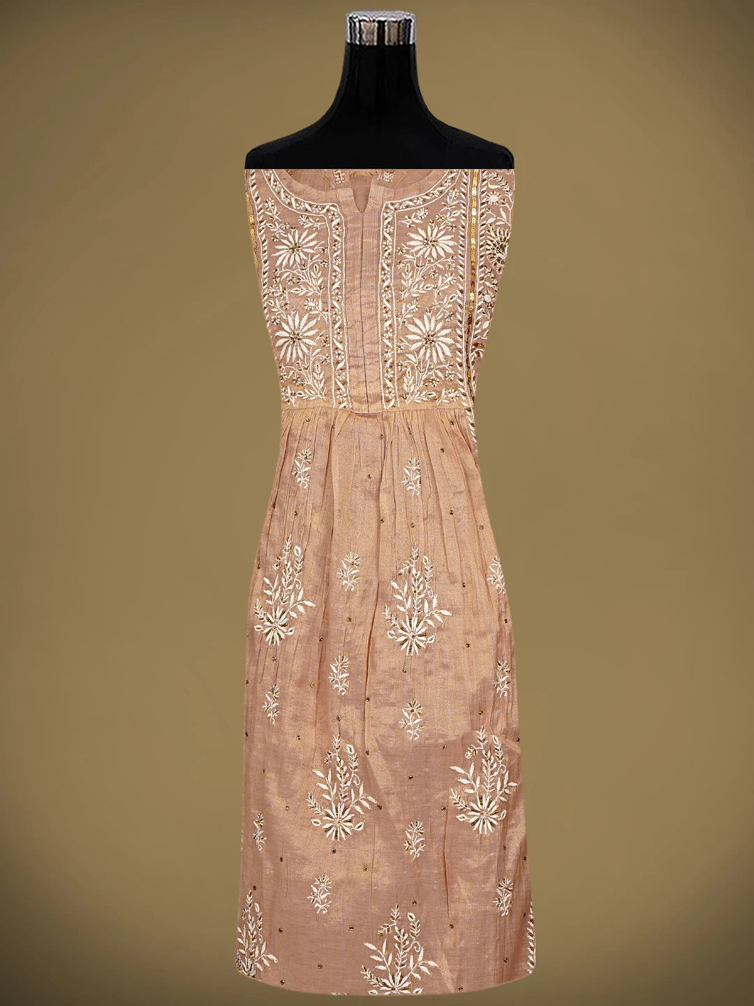 Ada Hand Embroidered Dusty Peach Tissue Semi-Stitched Lucknowi Chikankari A-Line Kurta Dupatta Set With Cutdana Work 01A979737