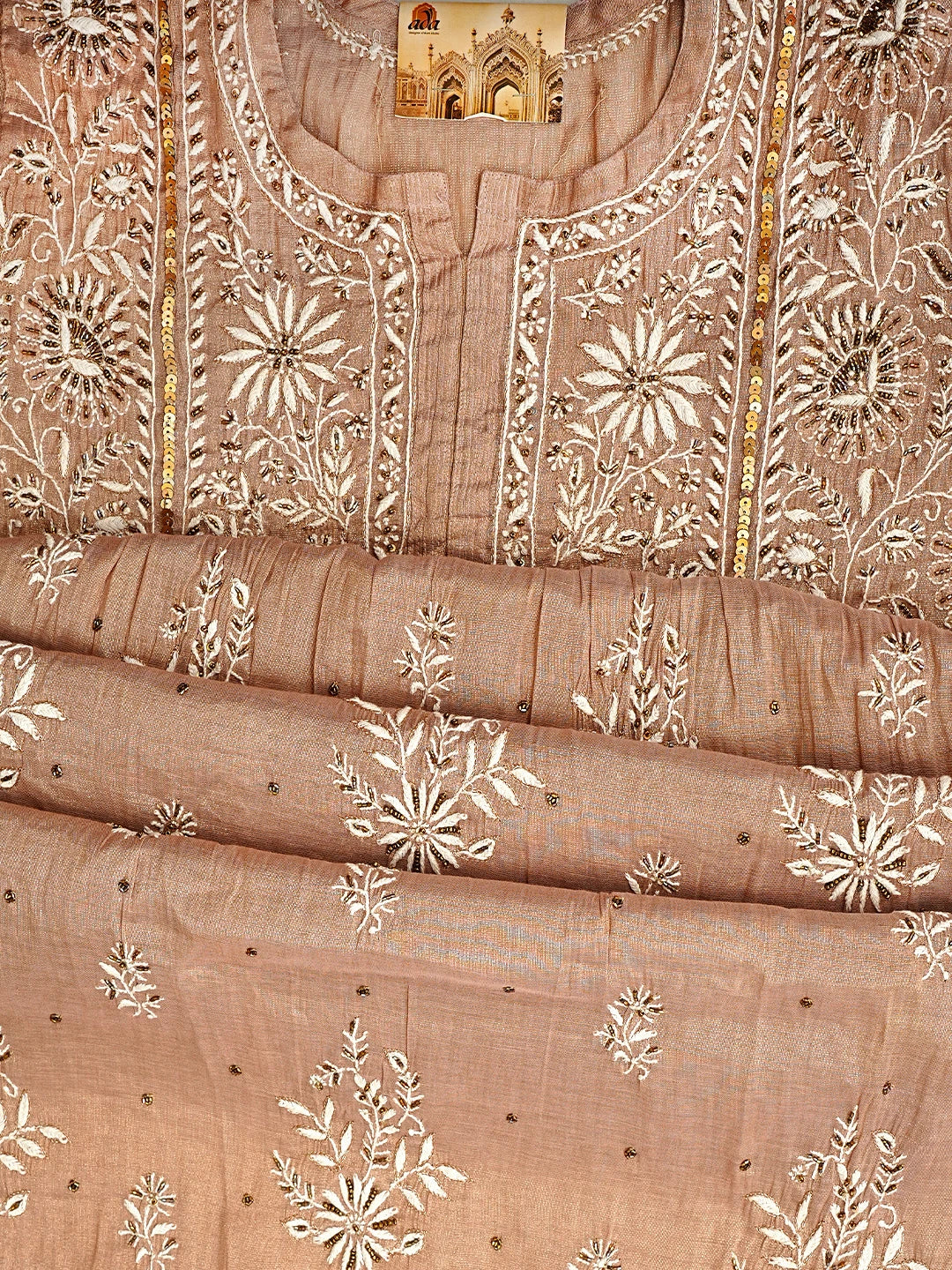 Ada Hand Embroidered Dusty Peach Tissue Semi-Stitched Lucknowi Chikankari A-Line Kurta Dupatta Set With Cutdana Work 01A979737