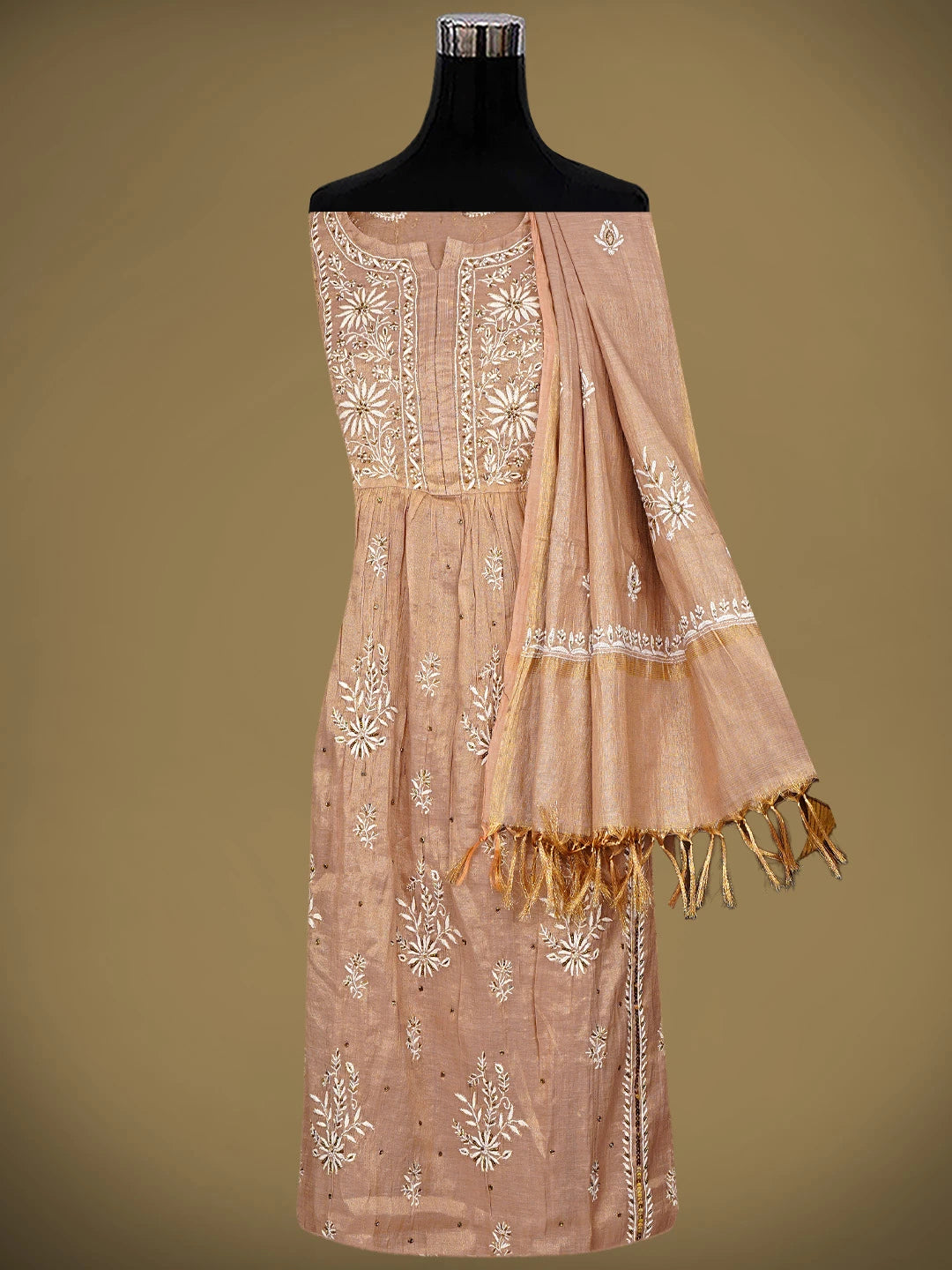 Ada Hand Embroidered Dusty Peach Tissue Semi-Stitched Lucknowi Chikankari A-Line Kurta Dupatta Set With Cutdana Work 01A979737