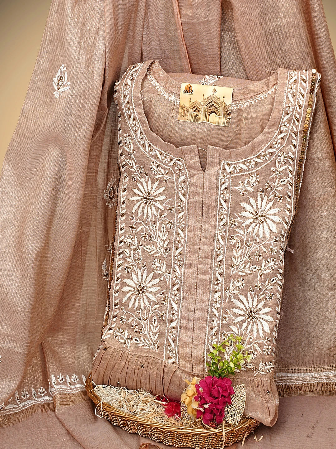 Ada Hand Embroidered Dusty Peach Tissue Semi-Stitched Lucknowi Chikankari A-Line Kurta Dupatta Set With Cutdana Work 01A979737