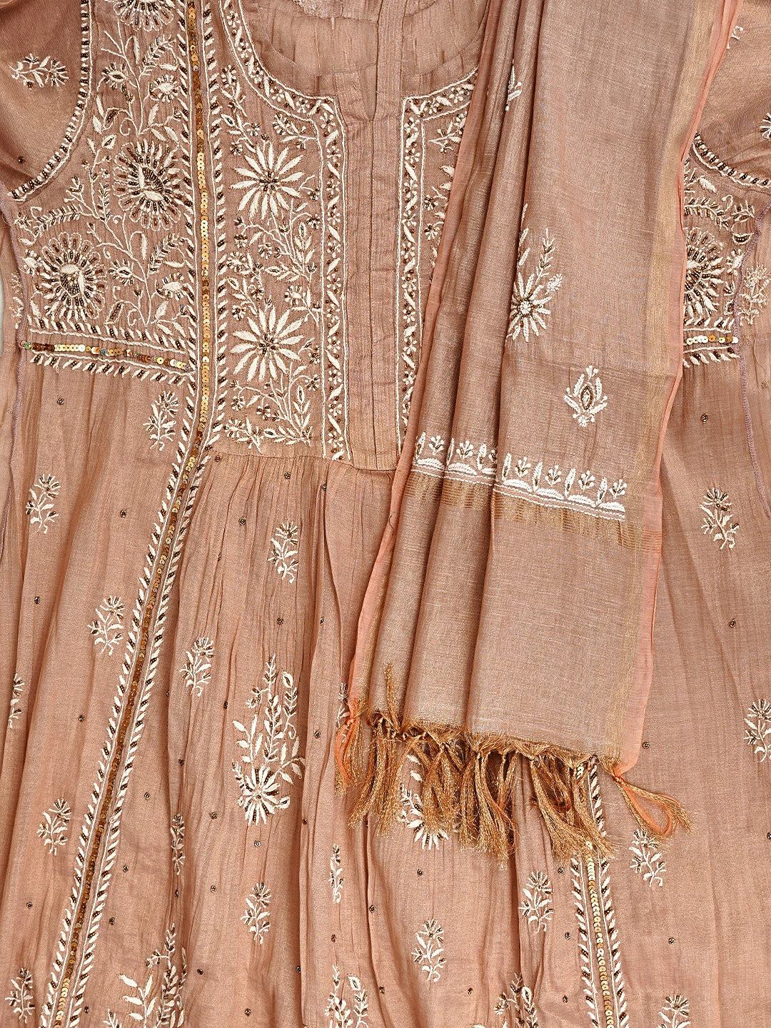 Ada Hand Embroidered Dusty Peach Tissue Semi-Stitched Lucknowi Chikankari A-Line Kurta Dupatta Set With Cutdana Work 01A979737