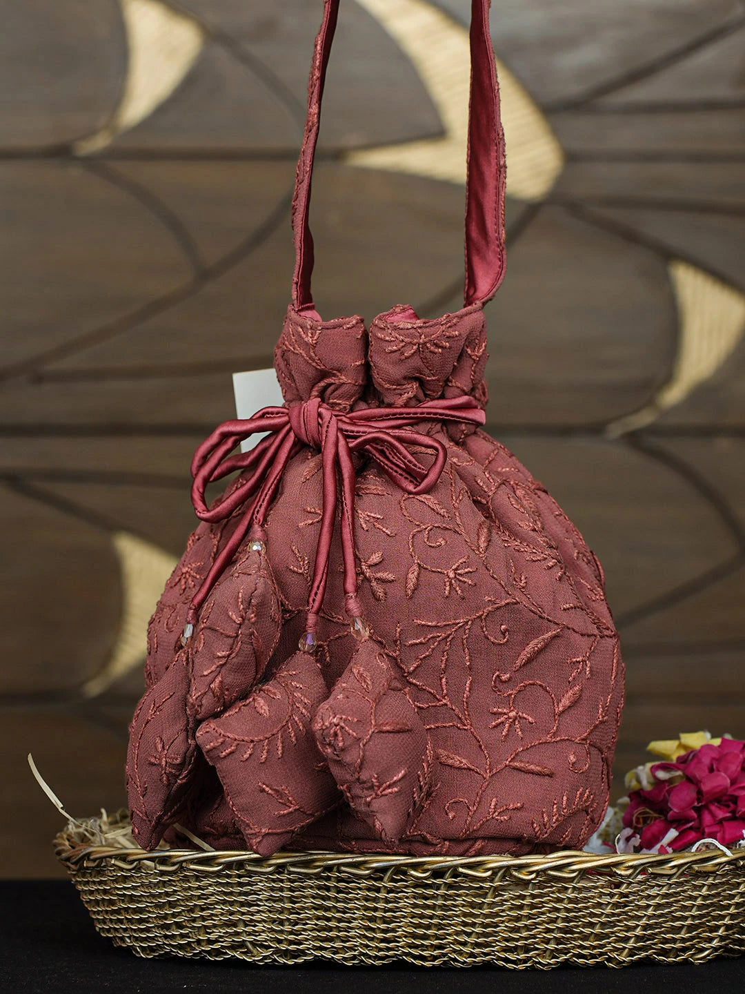 Ada Hand Embroidered Blushed Brick Red Viscose Gerogette Lucknowi Chikankari Potli Bag 01A975097