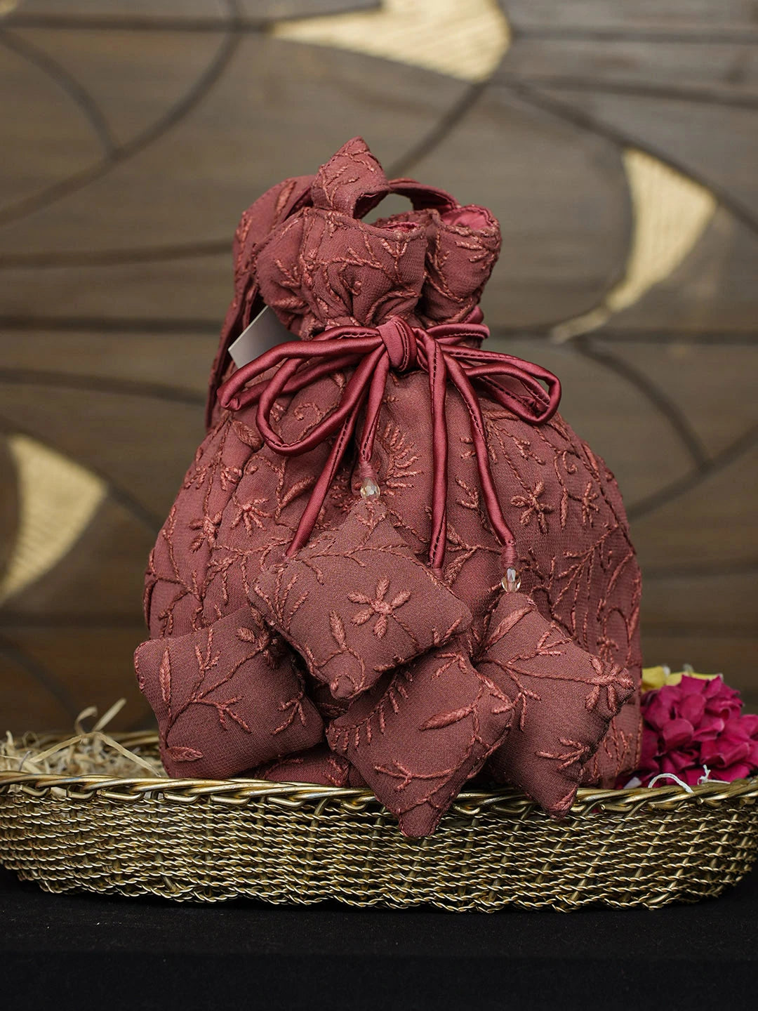 Ada Hand Embroidered Blushed Brick Red Viscose Gerogette Lucknowi Chikankari Potli Bag 01A975097