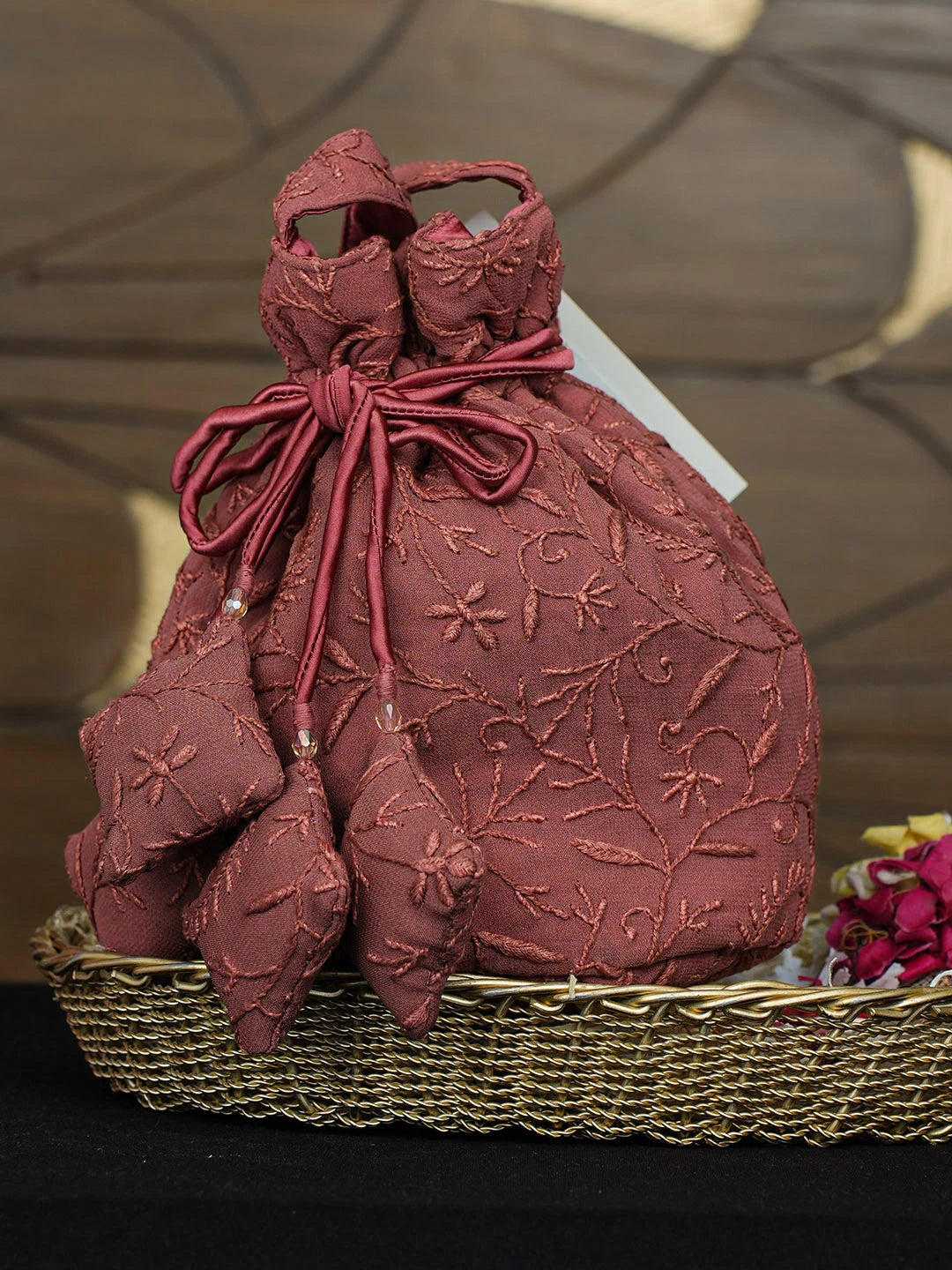 Ada Hand Embroidered Blushed Brick Red Viscose Gerogette Lucknowi Chikankari Potli Bag 01A975097