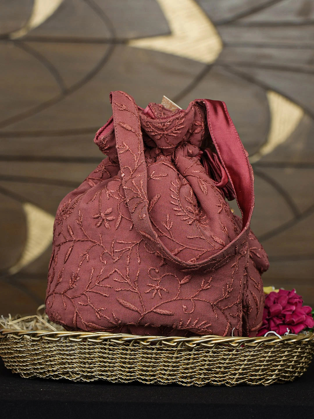 Ada Hand Embroidered Blushed Brick Red Viscose Gerogette Lucknowi Chikankari Potli Bag 01A975097