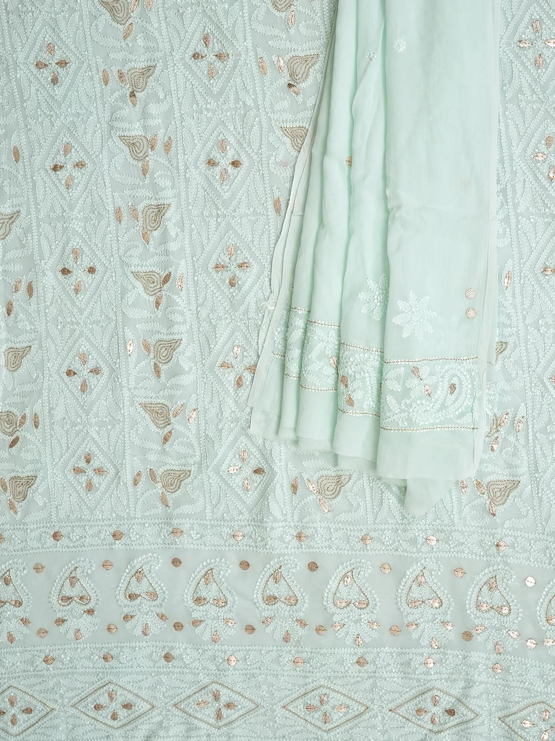 Ada Hand Embroidered Sea Green Viscose Georgette Lucknowi Chikankari Unstitched Kurta Dupatta Set With Gota Patti Work 01A962465