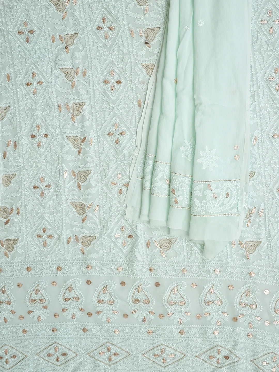 Ada Hand Embroidered Sea Green Viscose Georgette Lucknowi Chikankari Unstitched Kurta Dupatta Set With Gota Patti Work 01A962465