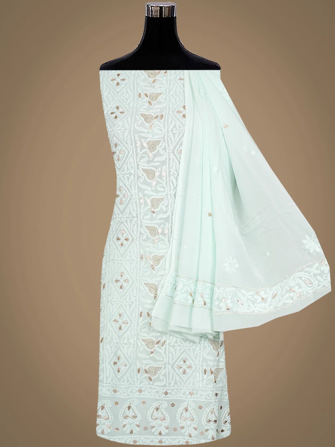Ada Hand Embroidered Sea Green Viscose Georgette Lucknowi Chikankari Unstitched Kurta Dupatta Set With Gota Patti Work 01A962465