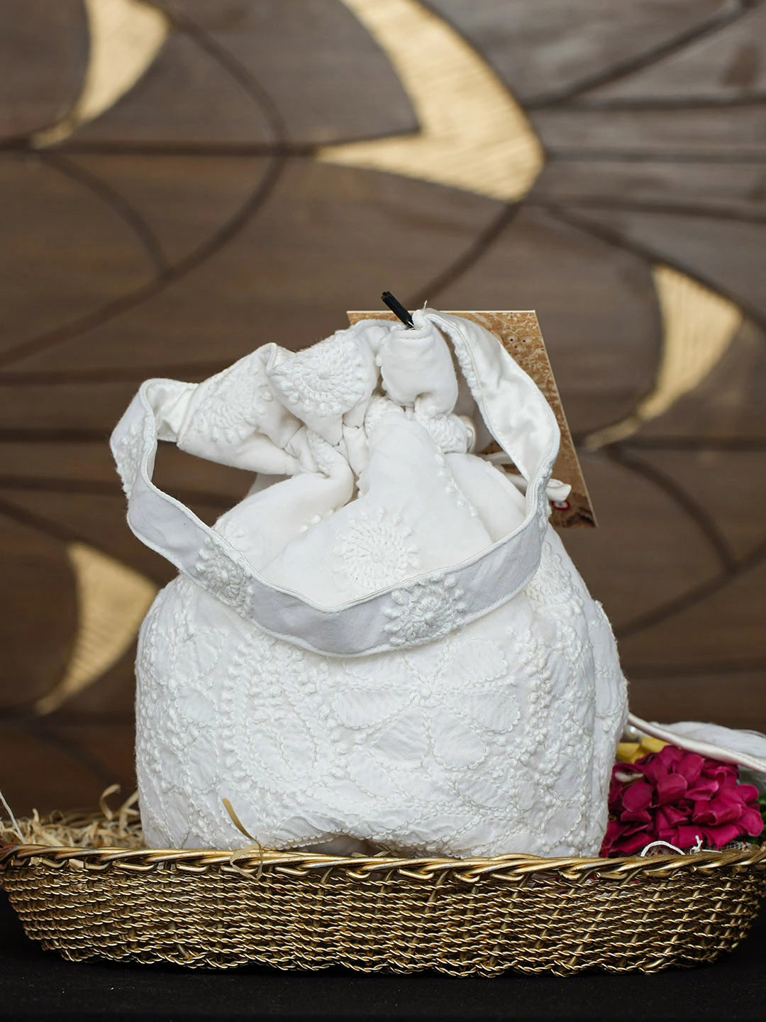 Ada Hand Embroidered White Cotton Lucknowi Chikankari Potli Bag 01A977991