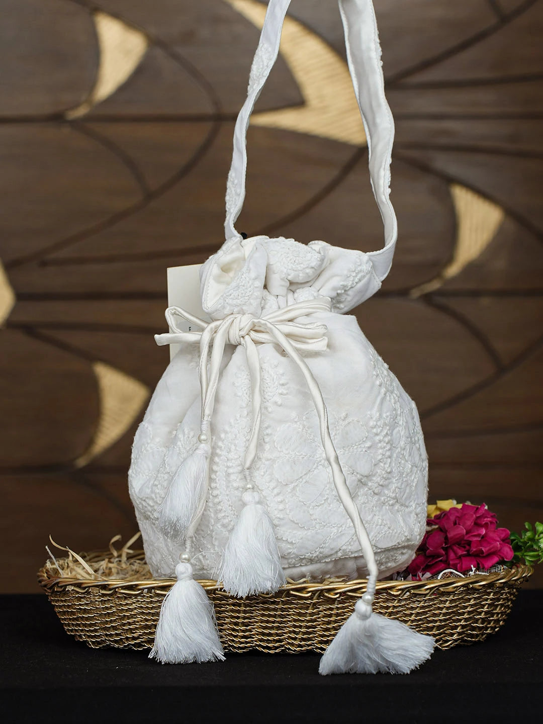 Ada Hand Embroidered White Cotton Lucknowi Chikankari Potli Bag 01A977991