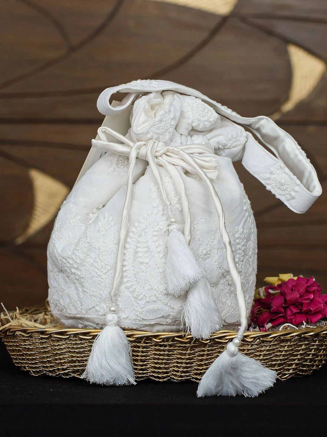 Ada Hand Embroidered White Cotton Lucknowi Chikankari Potli Bag 01A977991
