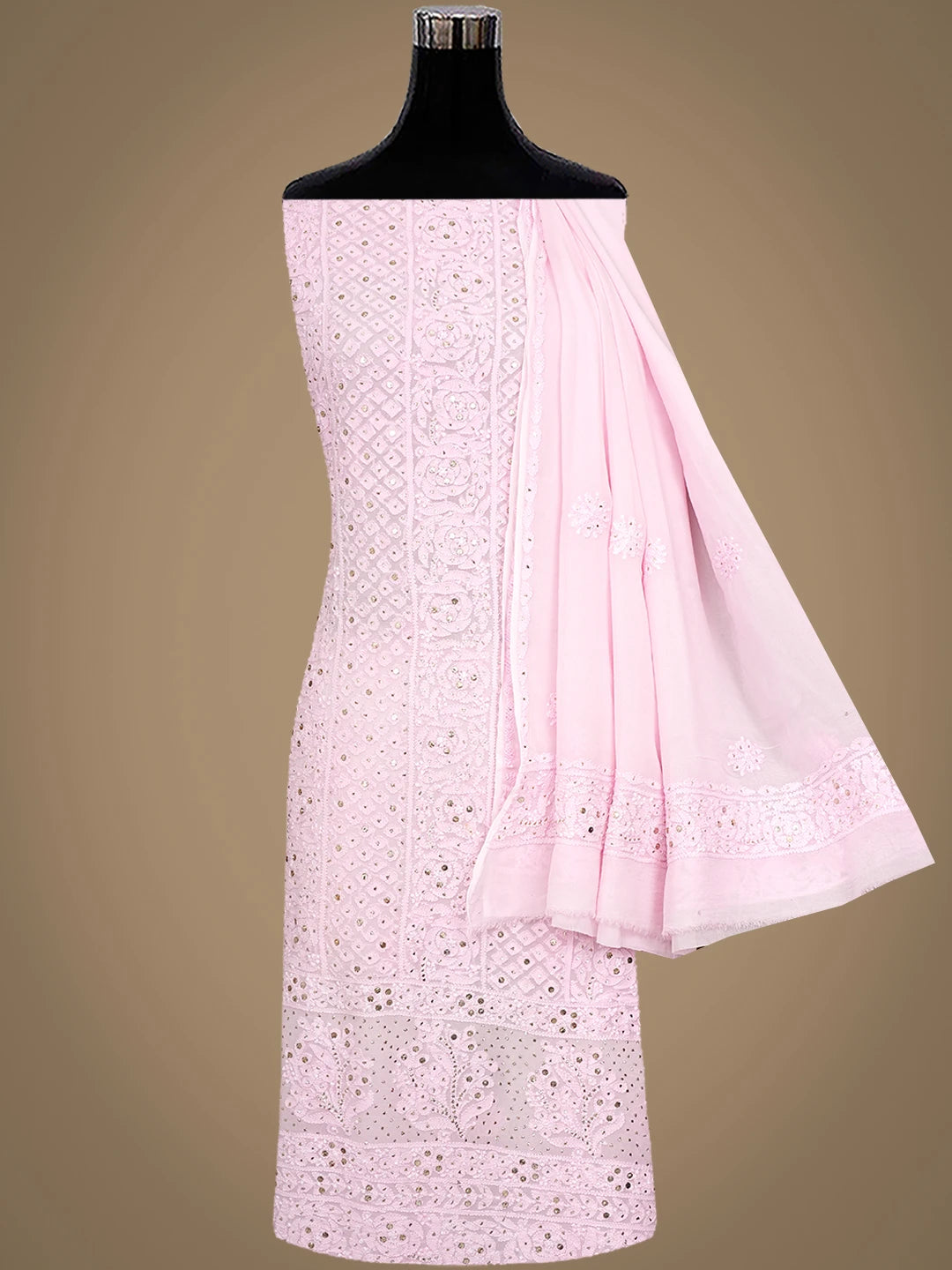 Ada Hand Embroidered Pink Viscose Georgette Lucknowi Chikankari Unstitched Kurta Dupatta Set With Muqaish/Mukaish Work 01A967050