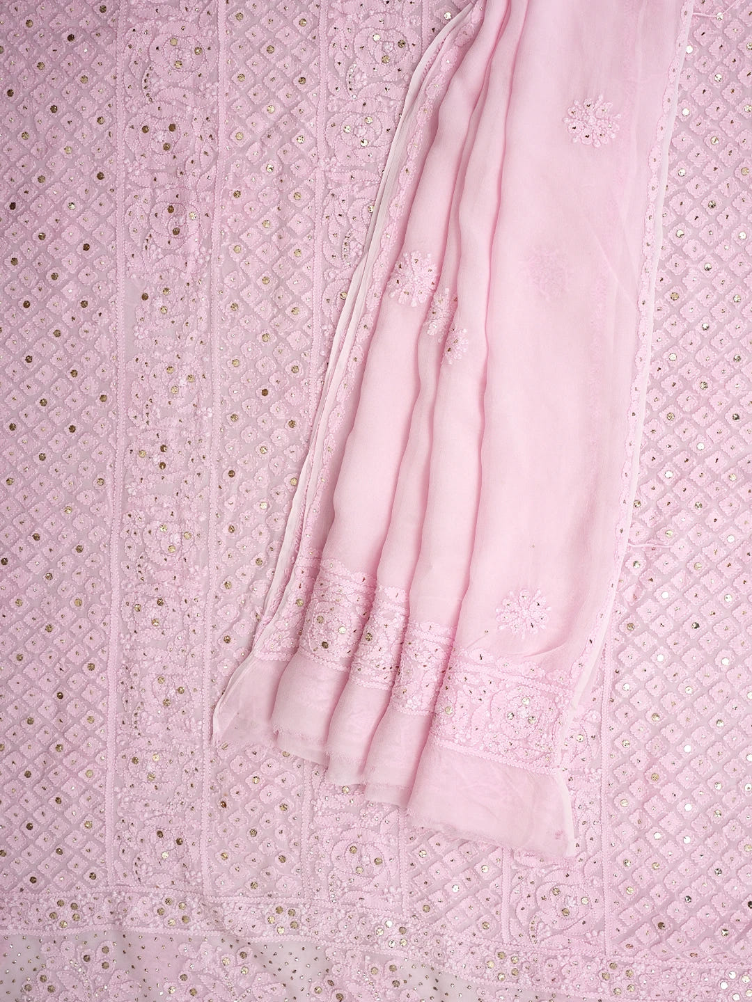Ada Hand Embroidered Pink Viscose Georgette Lucknowi Chikankari Unstitched Kurta Dupatta Set With Muqaish/Mukaish Work 01A967050