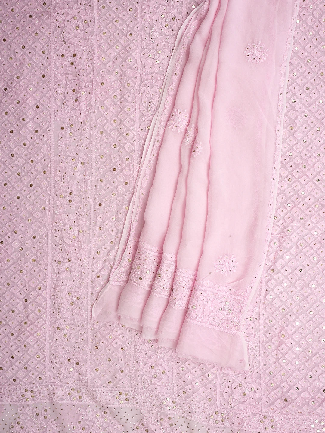 Ada Hand Embroidered Pink Viscose Georgette Lucknowi Chikankari Unstitched Kurta Dupatta Set With Muqaish/Mukaish Work 01A967050