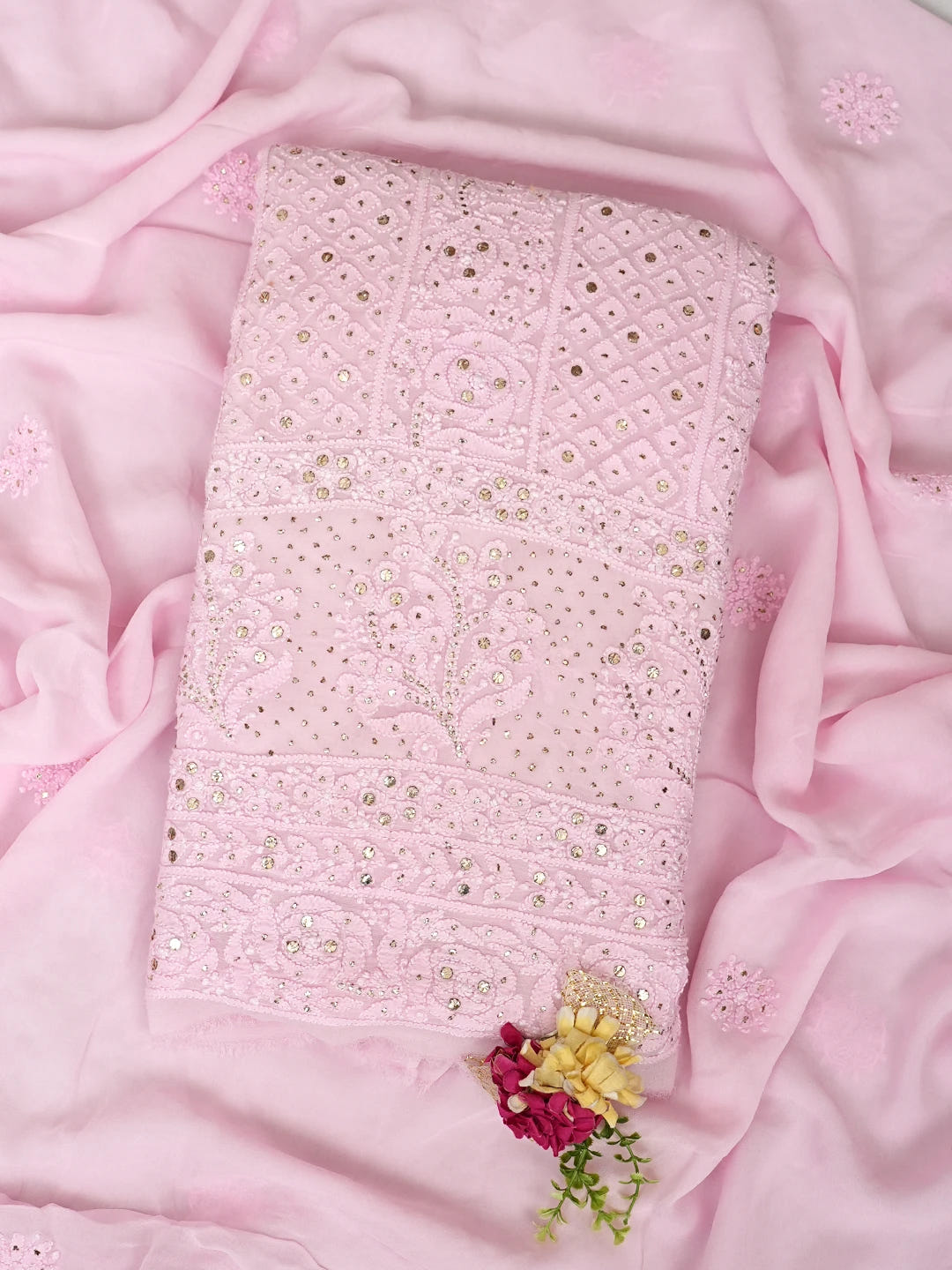 Ada Hand Embroidered Pink Viscose Georgette Lucknowi Chikankari Unstitched Kurta Dupatta Set With Muqaish/Mukaish Work 01A967050