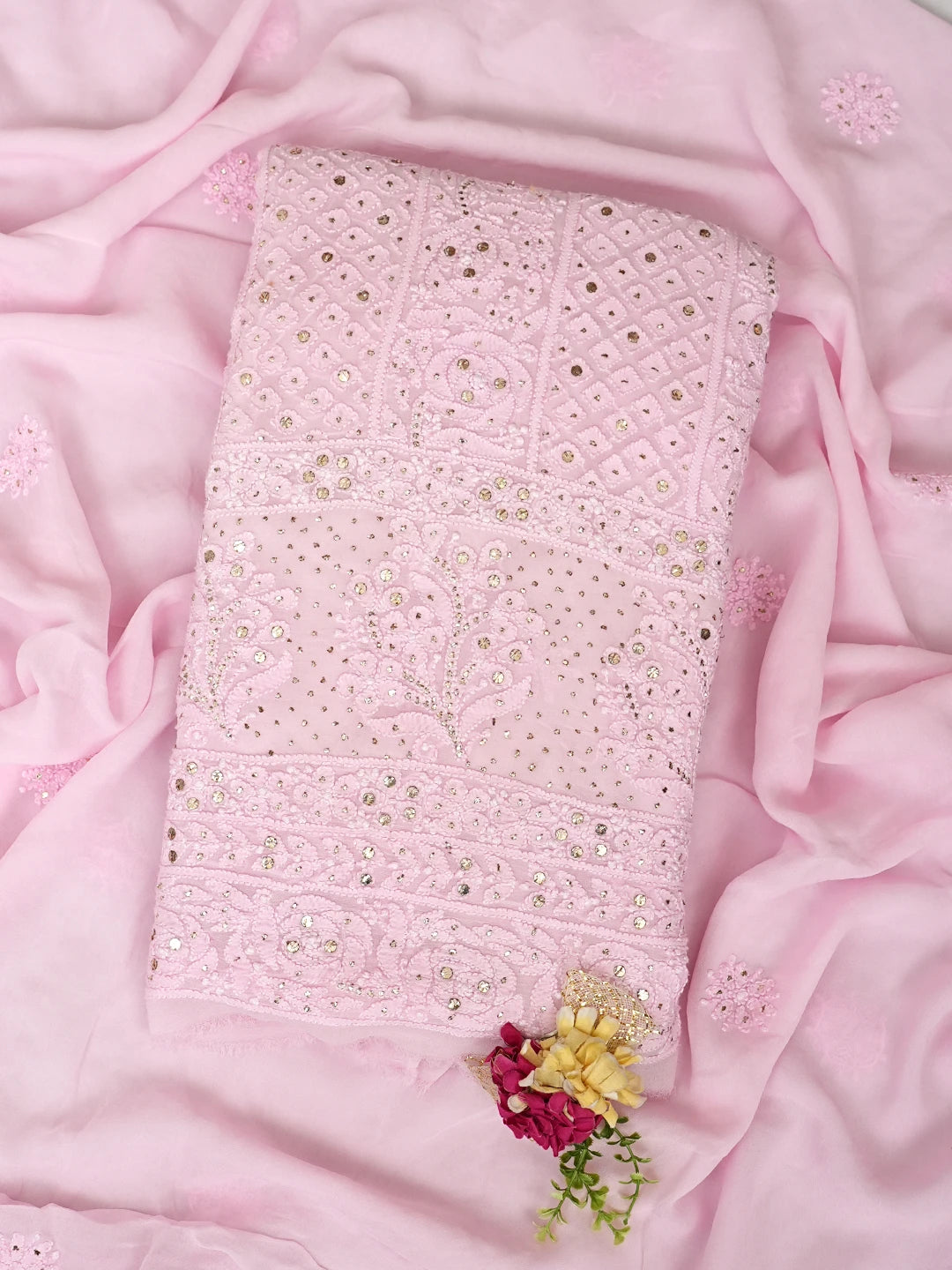 Ada Hand Embroidered Pink Viscose Georgette Lucknowi Chikankari Unstitched Kurta Dupatta Set With Muqaish/Mukaish Work 01A967050