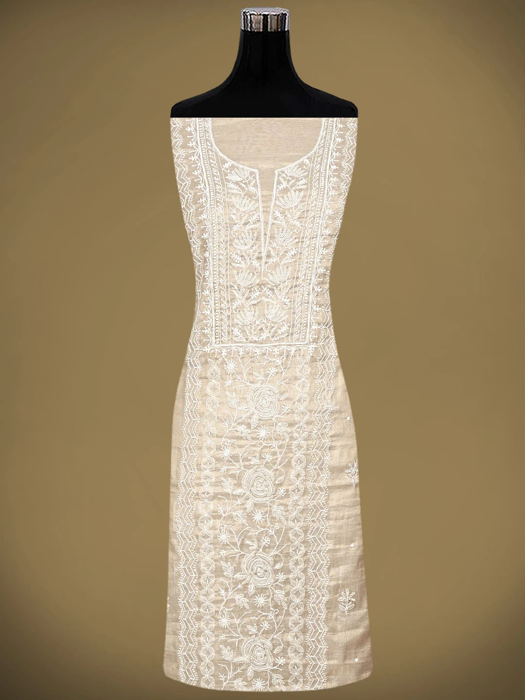Ada Hand Embroidered Fawn Tissue Lucknowi Chikankari Unstitched Kurta Dupatta Set With Cutdana Work 01A968203