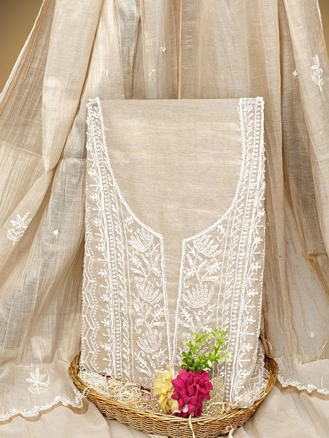 Ada Hand Embroidered Fawn Tissue Lucknowi Chikankari Unstitched Kurta Dupatta Set With Cutdana Work 01A968203