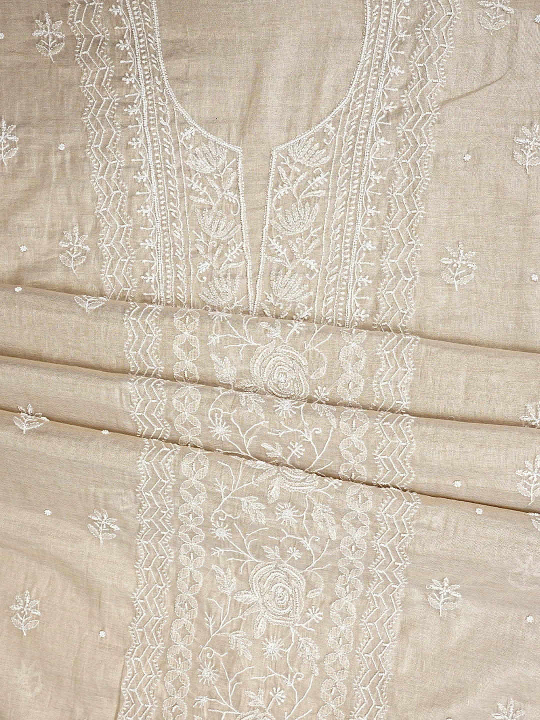 Ada Hand Embroidered Fawn Tissue Lucknowi Chikankari Unstitched Kurta Dupatta Set With Cutdana Work 01A968203