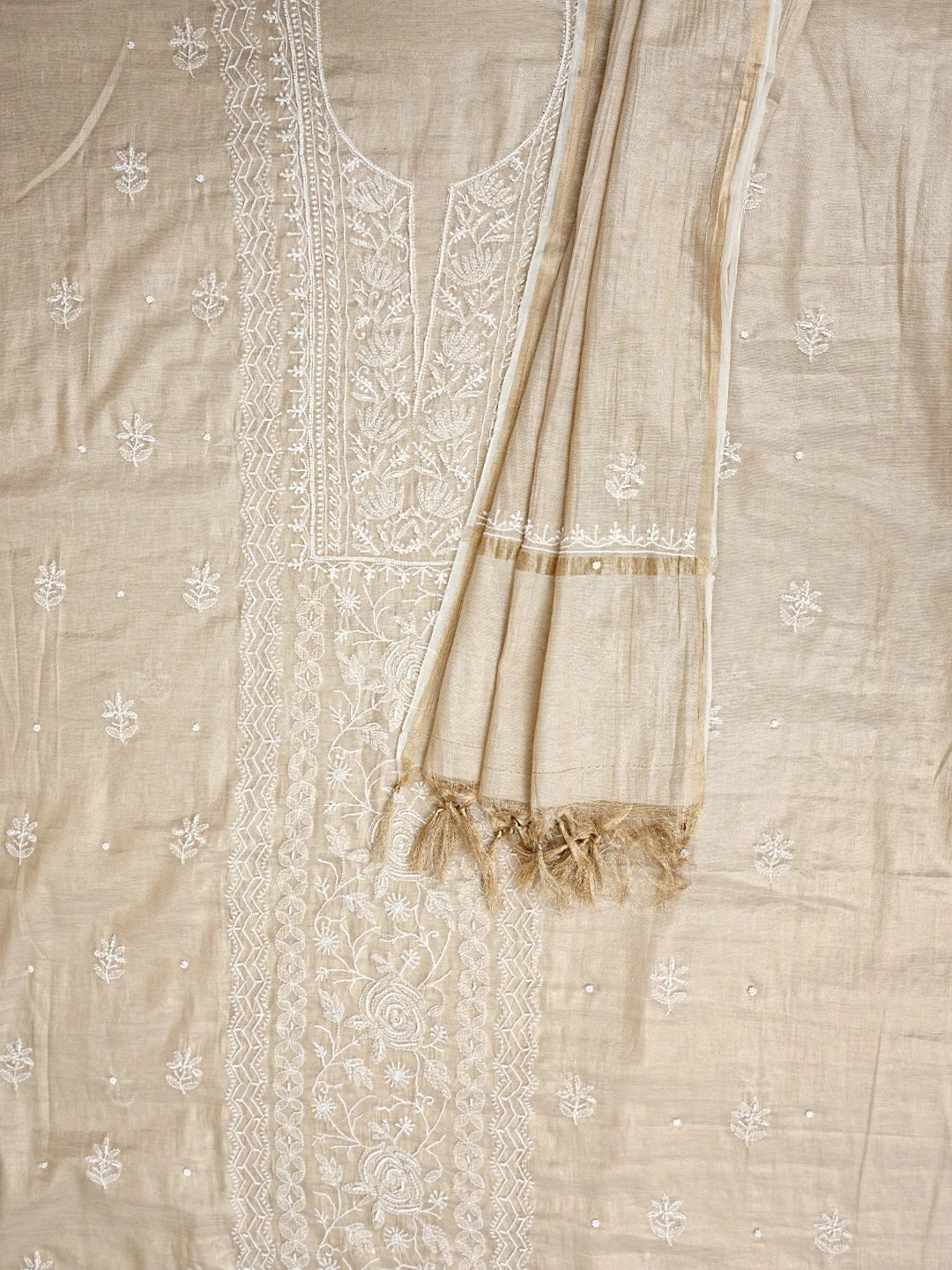 Ada Hand Embroidered Fawn Tissue Lucknowi Chikankari Unstitched Kurta Dupatta Set With Cutdana Work 01A968203