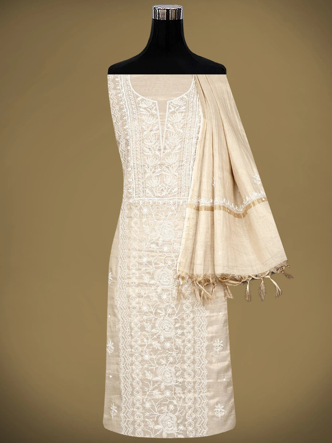 Ada Hand Embroidered Fawn Tissue Lucknowi Chikankari Unstitched Kurta Dupatta Set With Cutdana Work 01A968203
