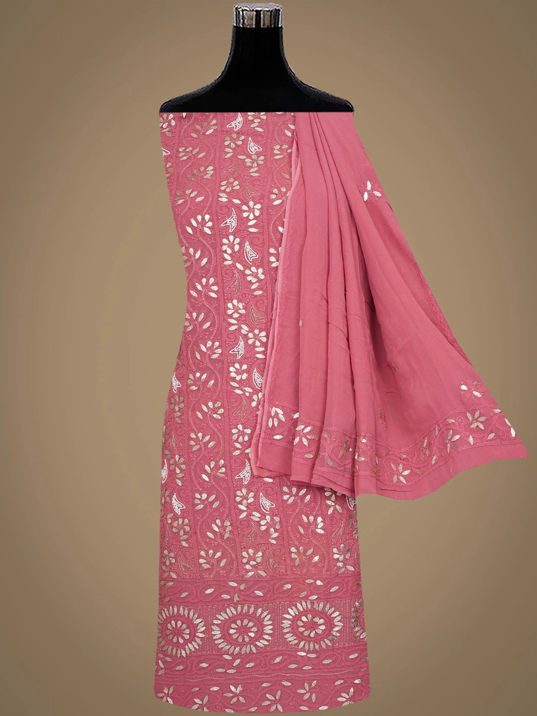 Ada Hand Embroidered Dusty Peach Viscose Georgette Lucknowi Chikankari Unstitched Kurta Dupatta Set With Gota Patti Work 01A951223