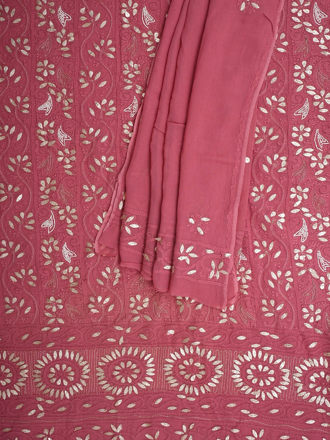 Ada Hand Embroidered Dusty Peach Viscose Georgette Lucknowi Chikankari Unstitched Kurta Dupatta Set With Gota Patti Work 01A951223