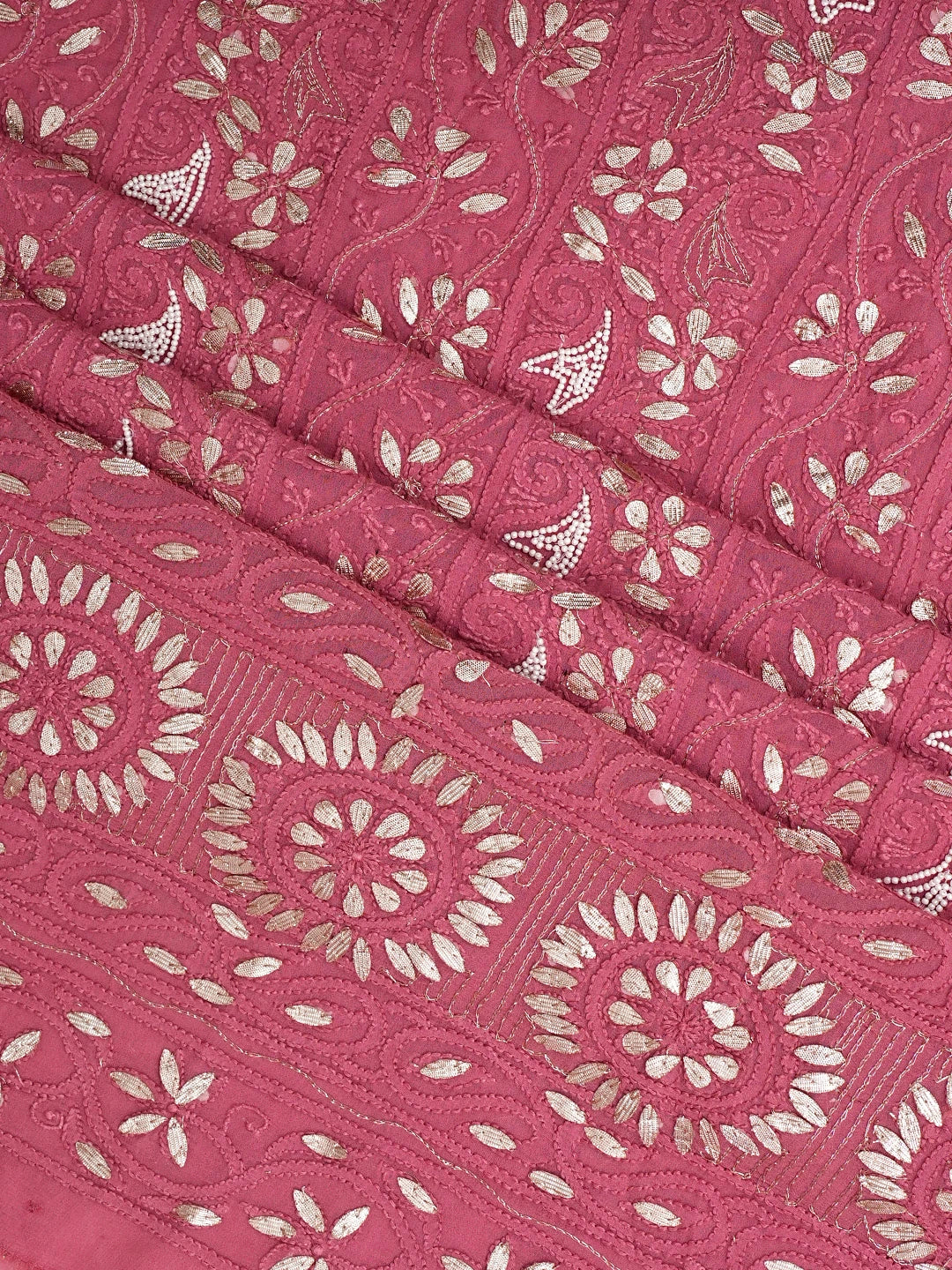 Ada Hand Embroidered Dusty Peach Viscose Georgette Lucknowi Chikankari Unstitched Kurta Dupatta Set With Gota Patti Work 01A951223