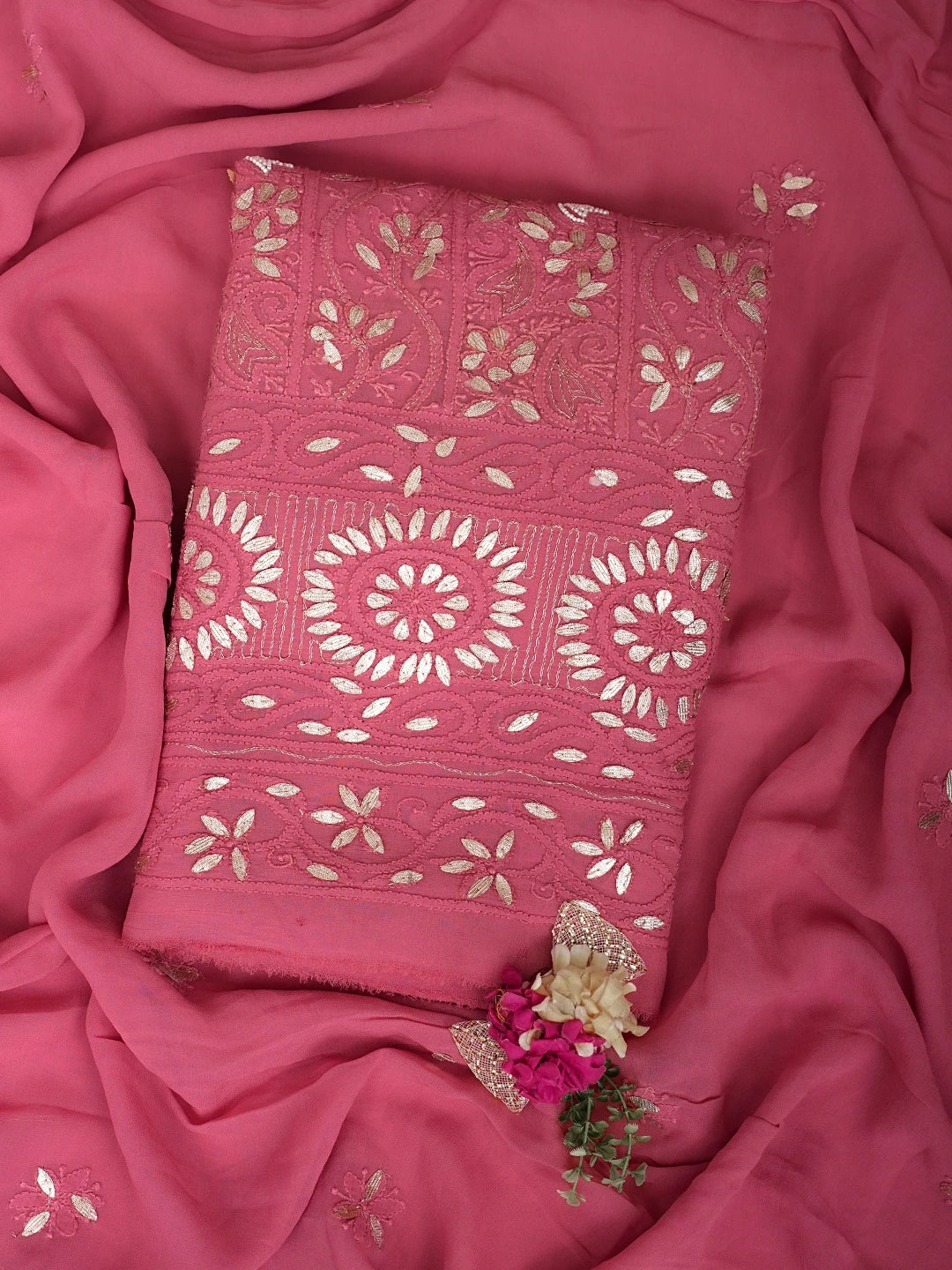 Ada Hand Embroidered Dusty Peach Viscose Georgette Lucknowi Chikankari Unstitched Kurta Dupatta Set With Gota Patti Work 01A951223