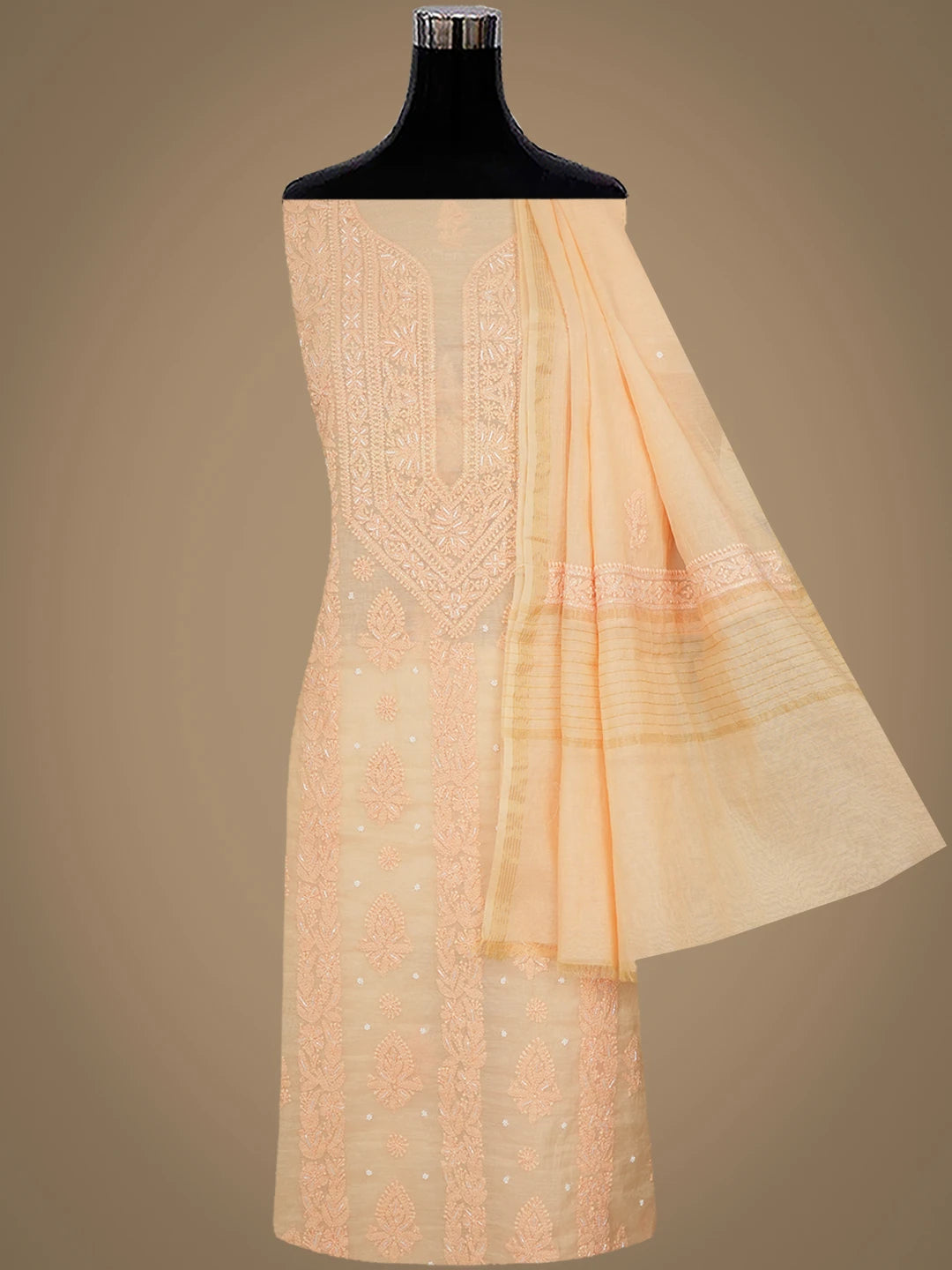 Ada Hand Embroidered Light Peach Chanderi Lucknowi Chikankari Unstitched Kurta Dupatta Set With Pearl Work 01A972792