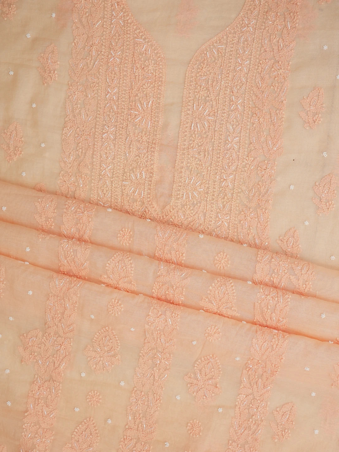 Ada Hand Embroidered Light Peach Chanderi Lucknowi Chikankari Unstitched Kurta Dupatta Set With Pearl Work 01A972792