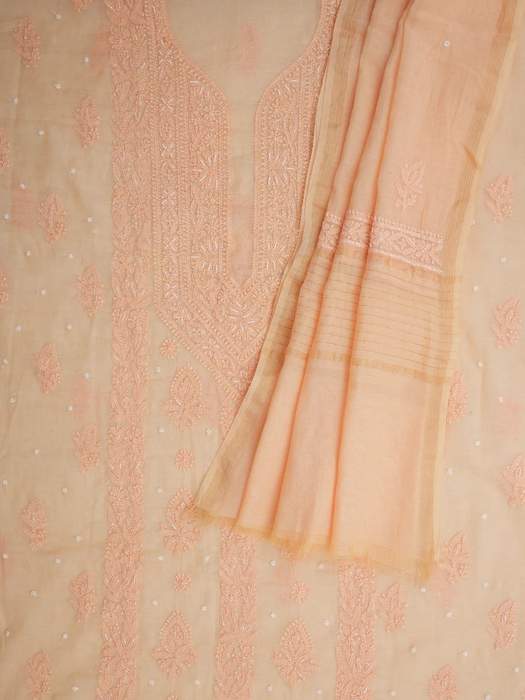 Ada Hand Embroidered Light Peach Chanderi Lucknowi Chikankari Unstitched Kurta Dupatta Set With Pearl Work 01A972792