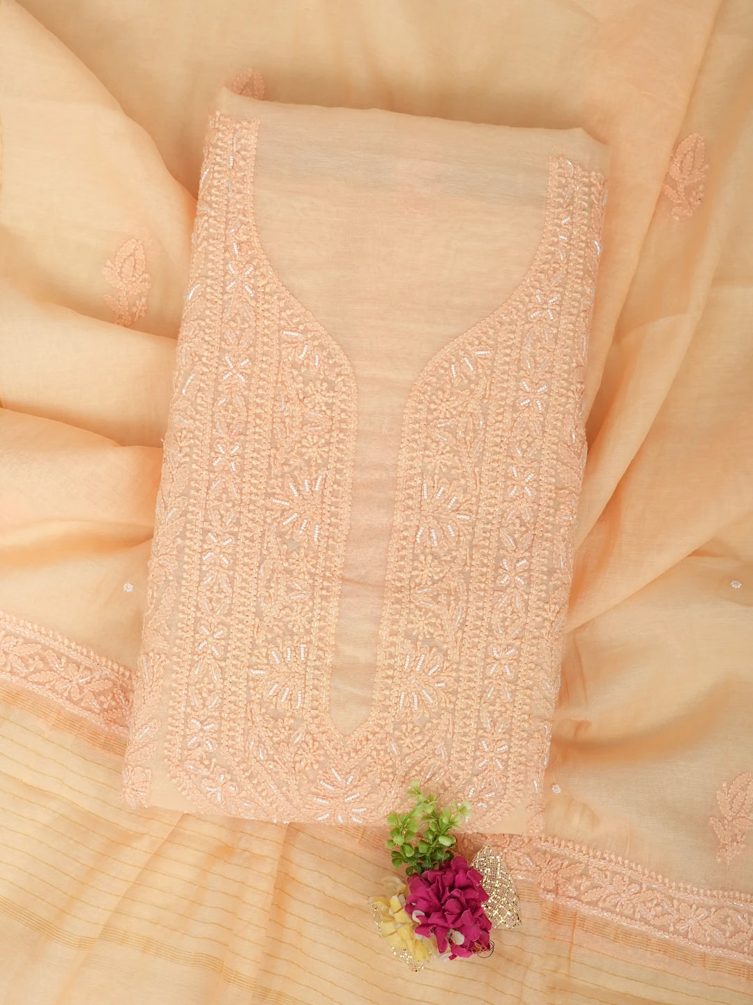 Ada Hand Embroidered Light Peach Chanderi Lucknowi Chikankari Unstitched Kurta Dupatta Set With Pearl Work 01A972792