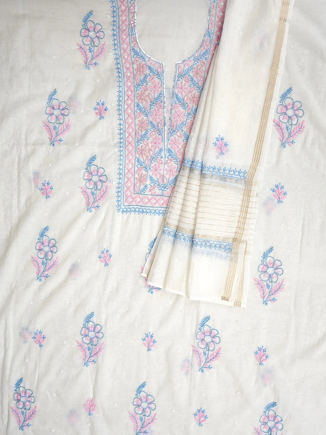 Ada Hand Embroidered White Chanderi Lucknowi Chikankari Unstitched Kurta Dupatta Set With Pearl Work 01A946330