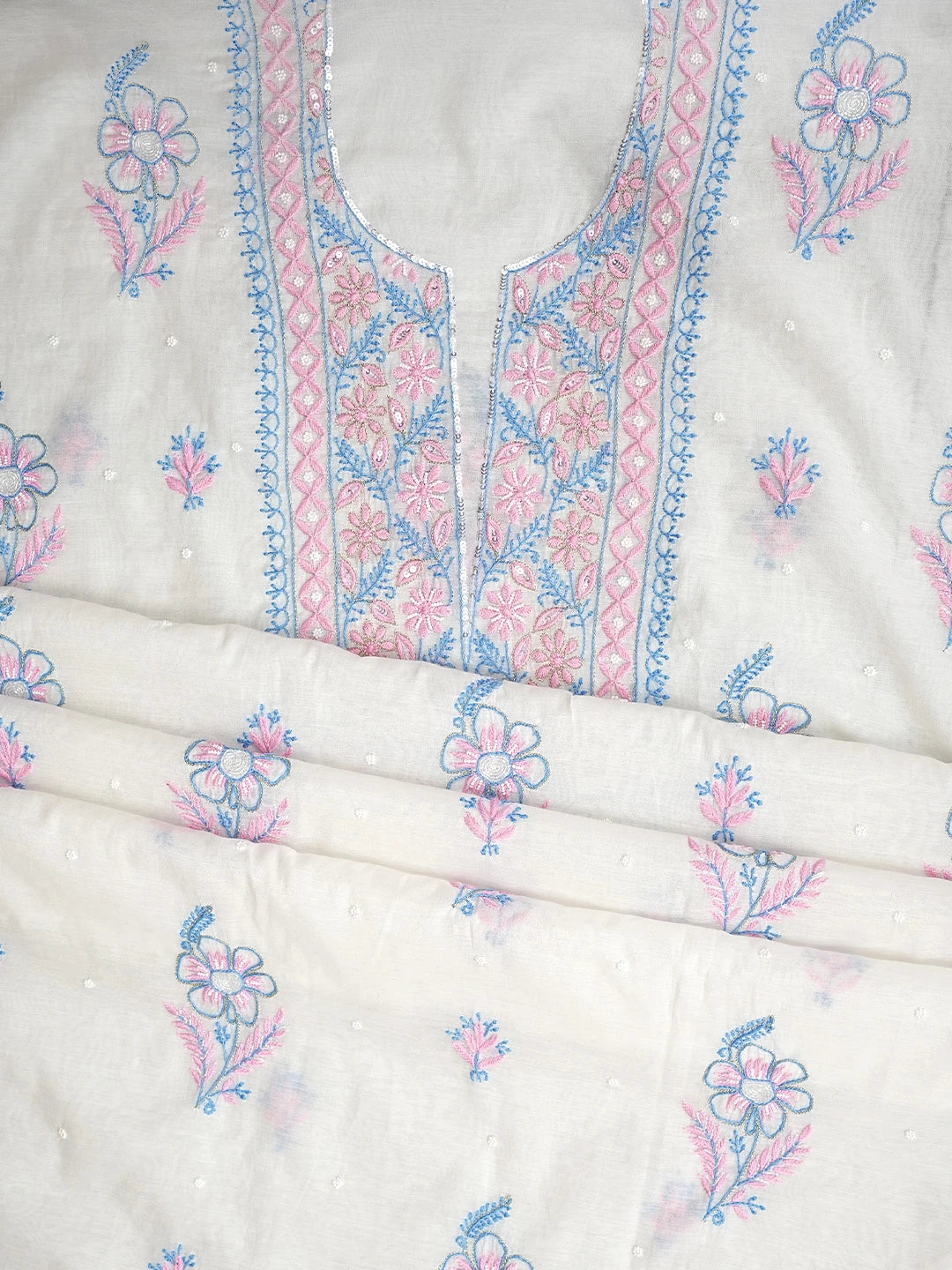 Ada Hand Embroidered White Chanderi Lucknowi Chikankari Unstitched Kurta Dupatta Set With Pearl Work 01A946330