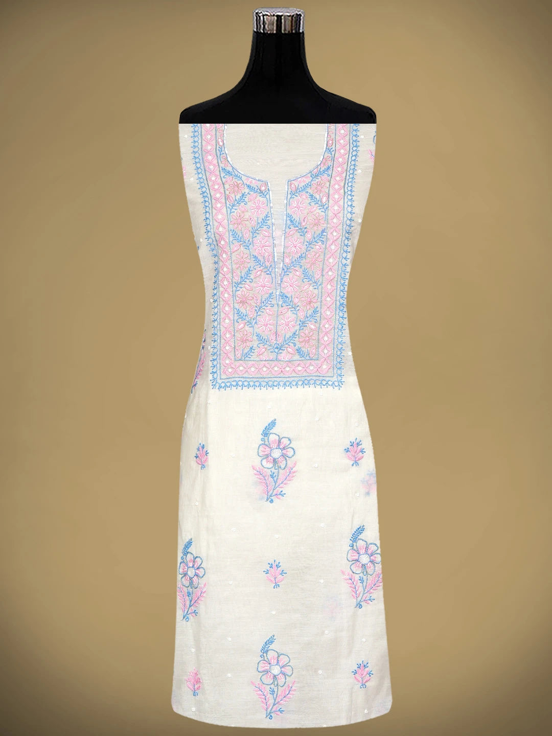Ada Hand Embroidered White Chanderi Lucknowi Chikankari Unstitched Kurta Dupatta Set With Pearl Work 01A946330