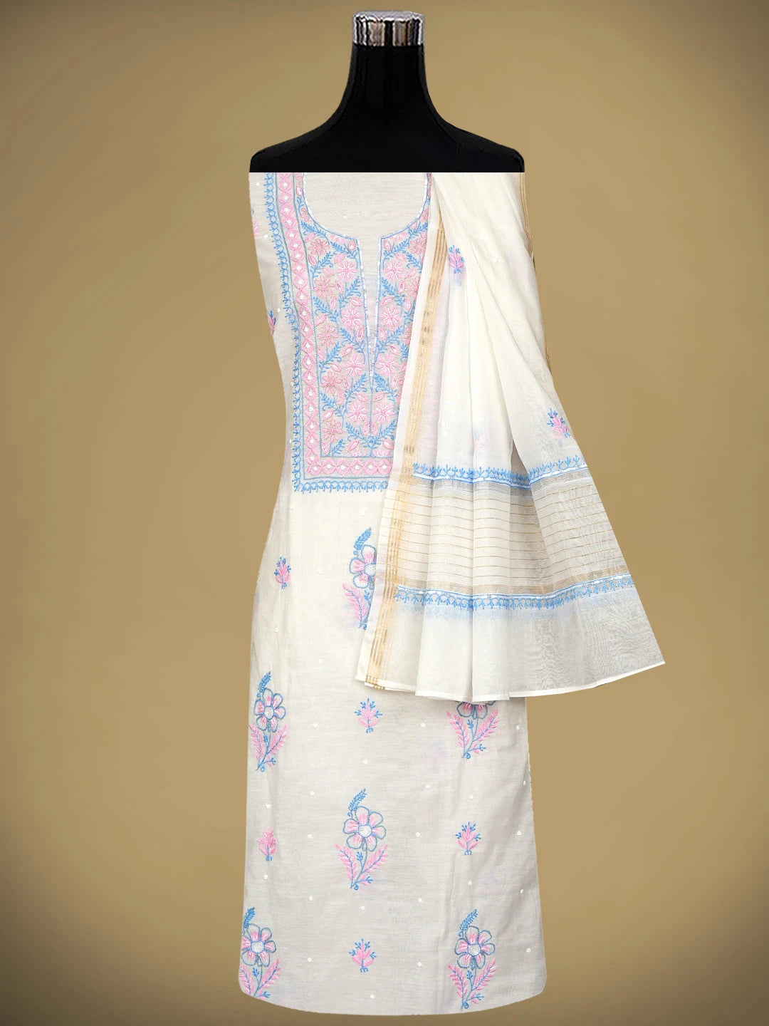 Ada Hand Embroidered White Chanderi Lucknowi Chikankari Unstitched Kurta Dupatta Set With Pearl Work 01A946330