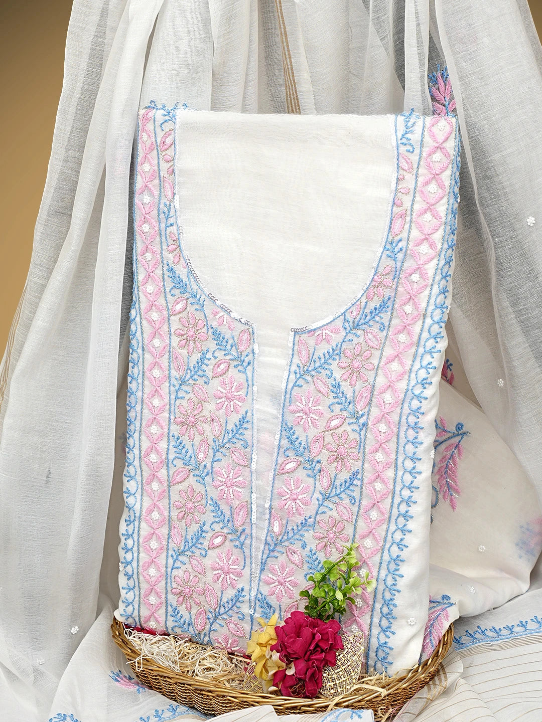 Ada Hand Embroidered White Chanderi Lucknowi Chikankari Unstitched Kurta Dupatta Set With Pearl Work 01A946330
