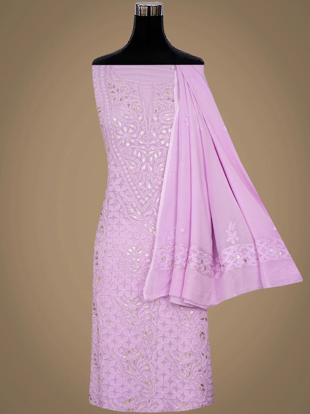 Ada Hand Embroidered Lavender Chanderi Lucknowi Chikankari Unstitched Kurta Dupatta Set With Gota Patti Work 01A962474