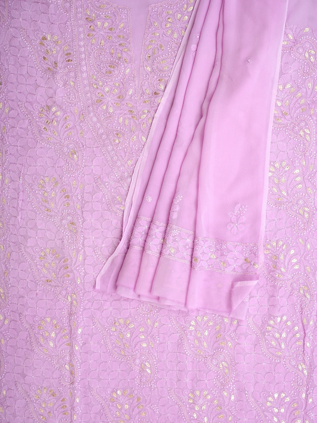 Ada Hand Embroidered Lavender Chanderi Lucknowi Chikankari Unstitched Kurta Dupatta Set With Gota Patti Work 01A962474