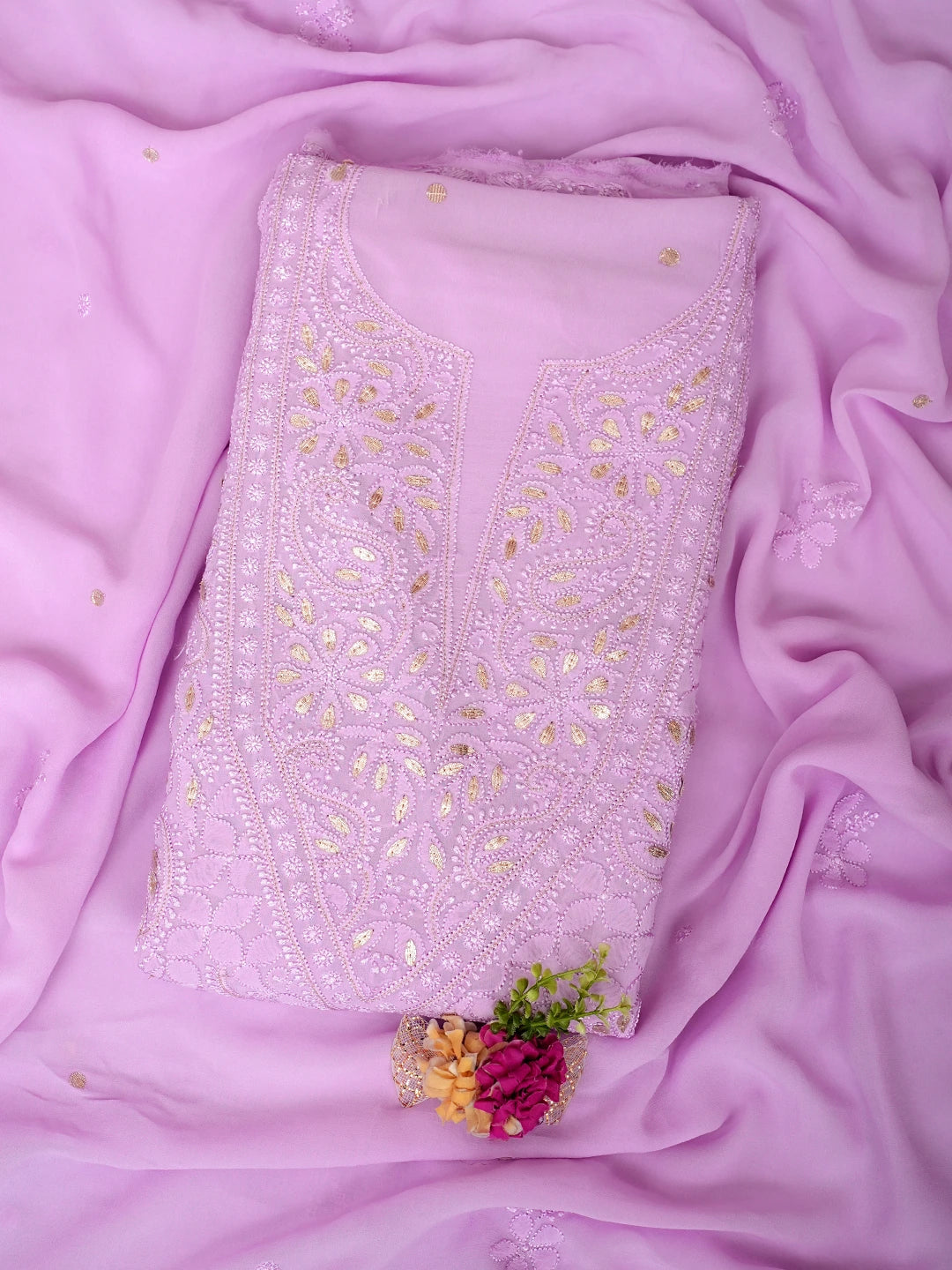 Ada Hand Embroidered Lavender Chanderi Lucknowi Chikankari Unstitched Kurta Dupatta Set With Gota Patti Work 01A962474