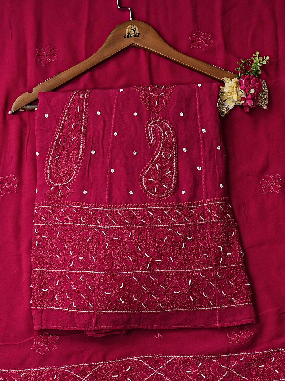 Ada Hand Embroidered Magenta Viscose Georgette Lucknowi Chikankari Semi-Stitched Anarkali Kurta Dupatta Set With Pearl Work 01A939919