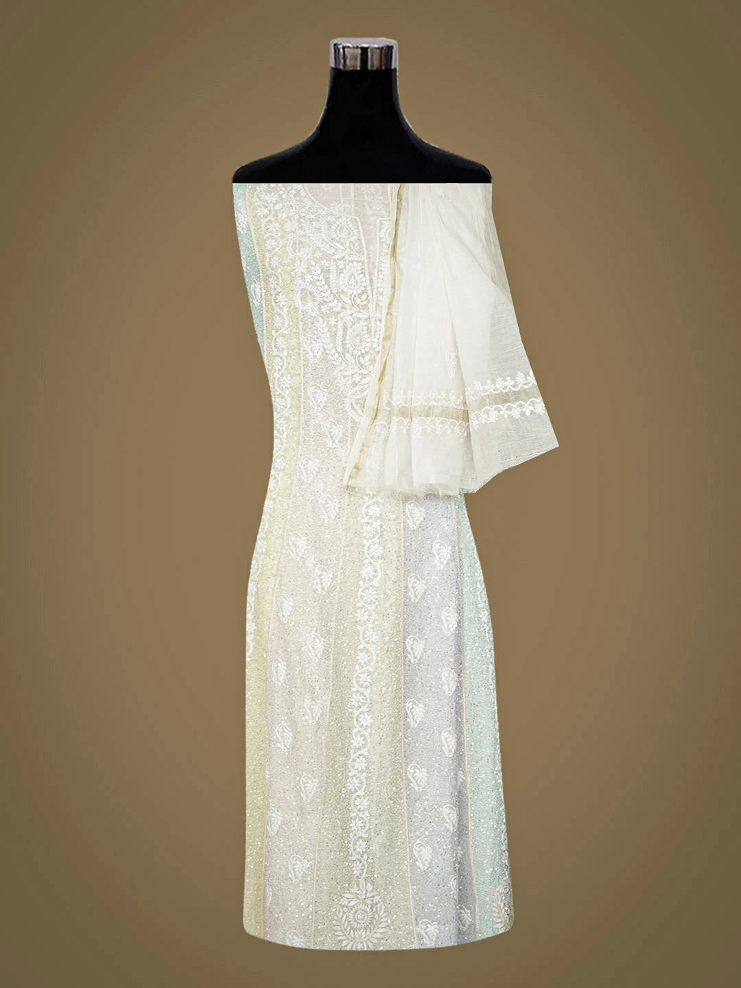 Ada Hand Embroidered White Chanderi Lucknowi Chikankari Semi-Stitched Anarkali Kurta Dupatta Set With Sequinned Work 01A977654