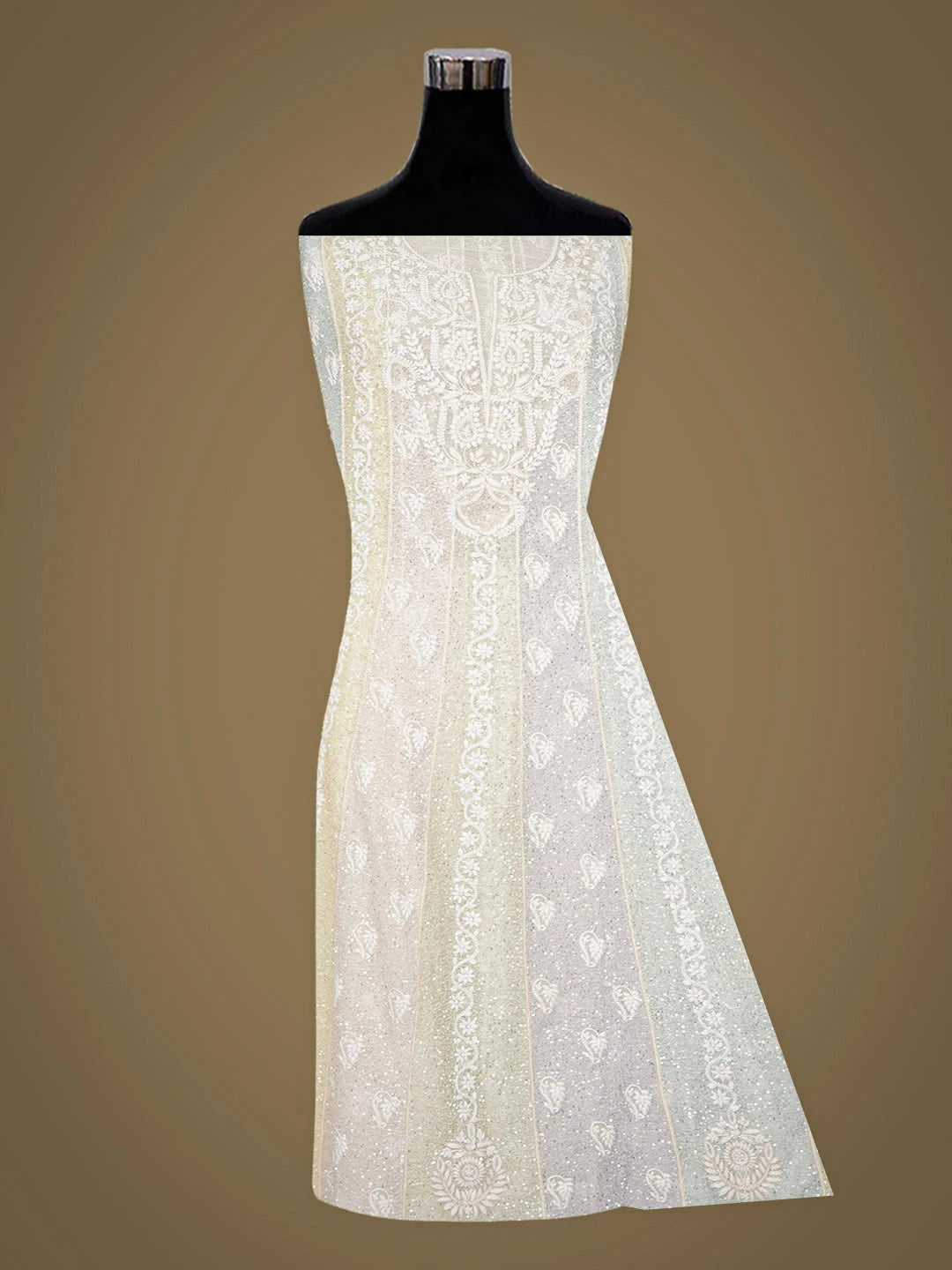 Ada Hand Embroidered White Chanderi Lucknowi Chikankari Semi-Stitched Anarkali Kurta Dupatta Set With Sequinned Work 01A977654