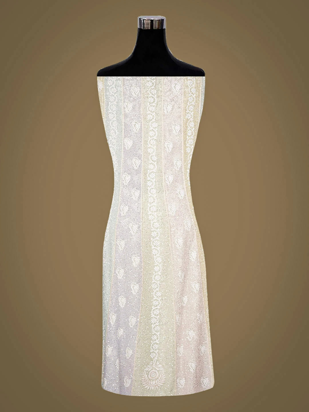 Ada Hand Embroidered White Chanderi Lucknowi Chikankari Semi-Stitched Anarkali Kurta Dupatta Set With Sequinned Work 01A977654